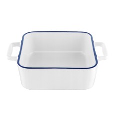 Vas termorezistent din ceramica patrat pentru cuptor, 33 cm, capacitate 3.5 litri, alb cu margine albastra, Yucca Florina