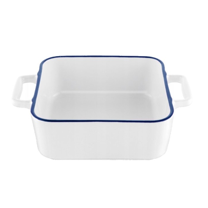 Vas termorezistent din ceramica patrat pentru cuptor, 33 cm, capacitate 3.5 litri, alb cu margine albastra, Yucca Florina