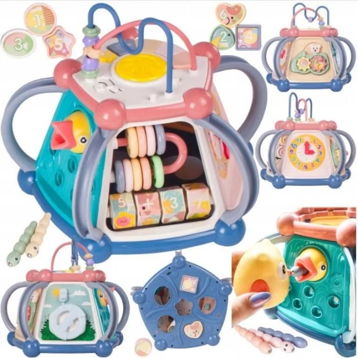 Jucarie interactiva si educativa 7 in 1 pentru copii WePro Store, centru de activitati cu 5 laturi cu sunete si lumini, figuri geometrice, ceas, rotit