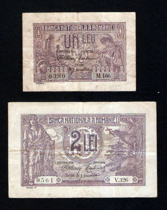 Romania 1 + 2 lei 1915 , VICE - GUVERNATOR , seria cu 3 cifre .