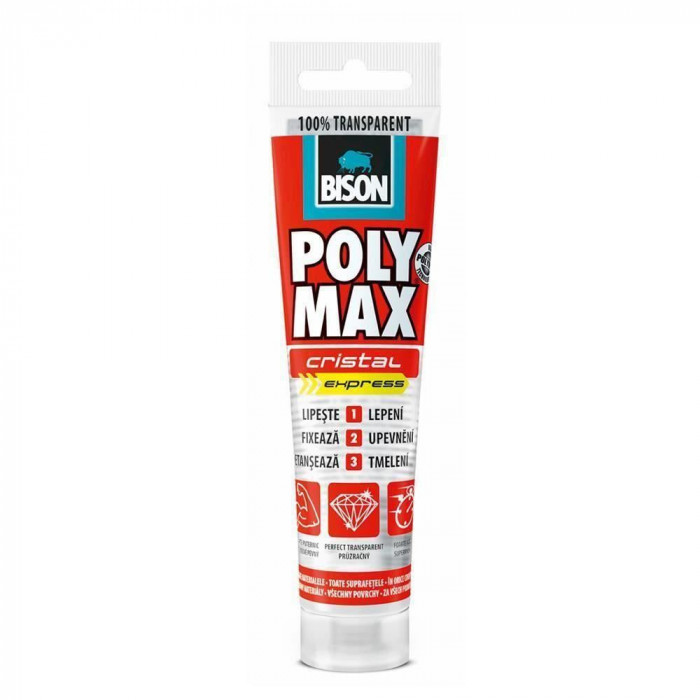 Adeziv si Etanseizant BISON Poly Max Crystal Express, 115 g, Culoare Transparent, Adeziv Universal, Adeziv Transparent, Adeziv Multisuprafete, Adeziv