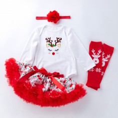 Body cu fustita din saten si jambiere - Renul timid (Marime Disponibila: 6-9