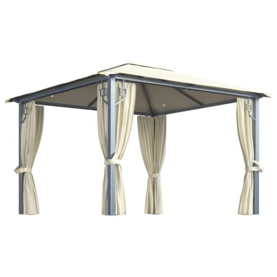 Pavilion cu perdele &amp;amp; siruri lumini LED, crem, 3x3 m, aluminiu foto