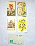 Lot 4 felicitări retro primăvară și Paște (Anii '80) + plic original cu trifoi