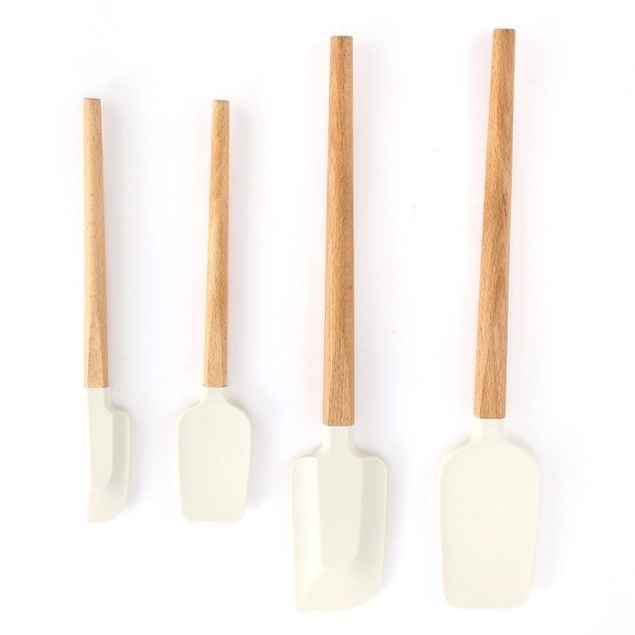 Ustensile de Bucatarie, Cyrax, Set din 4 bucati, din Silicon si Lemn, Spatule de Diferite Dimensiuni, Termo rezistente, Antiaderente, Instrument de Am