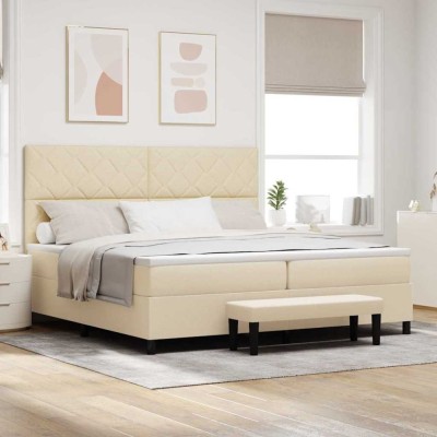 vidaXL Pat cu arcuri cu saltea cu headboard Crem 200 x 200 cm țesătură foto