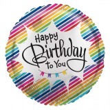 Balon folie Happy Birthday cu dungi curcubeu - 48 cm