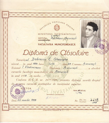 M3 C18 - 1958 - Diploma absolvire - Facultatea muncitoreasca - RPR foto