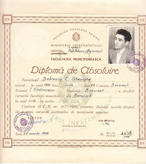 QW13 13 - 1958 - diploma absolvire Facultatea muncitoreasca - RPR