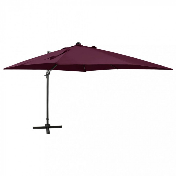 Umbrelă suspendată cu st&acirc;lp și LED-uri, roșu bordo, 300 cm