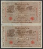 GERMANIA 2 X 1000 / 1.000 MARCI / MARK 1910 - Serii Consecutive [23] P - 44b , Serie Rosie , Sufix N , 7 cifre Litera U , XF ++ / a UNC
