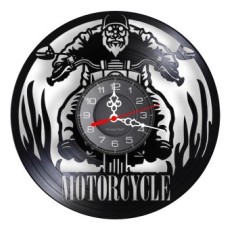 Ceas de perete decorativ realizat din disc de vinil, Model Motociclist Biker, Motocicleta, Flacari, Negru, 30 cm