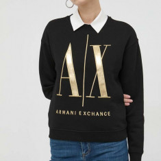 Armani Exchange hanorac de bumbac femei, culoarea negru, cu imprimeu