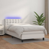 VidaXL Pat cu arcuri, cu saltea &amp; LED, alb, 90x190 cm, piele ecologică