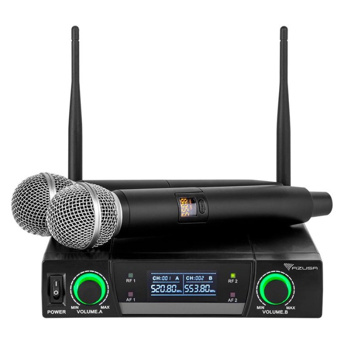 Statie 2 microfoane UHF Azusa, 5 W, 90 dB, modulare FM, 2 canale, 50 m, 2 x XLR, 1 x jack 6.3 mm