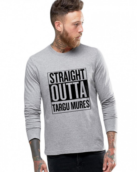 Bluza barbati gri cu text negru - Straight Outta Targu Mures - XL