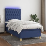 vidaXL Pat cu arcuri, saltea și LED, albastru, 120x200 cm, textil