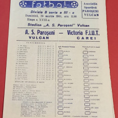 Program meci fotbal AS PAROSENI VULCAN - "VICTORIA FIUT" CAREI (20.03.1988)