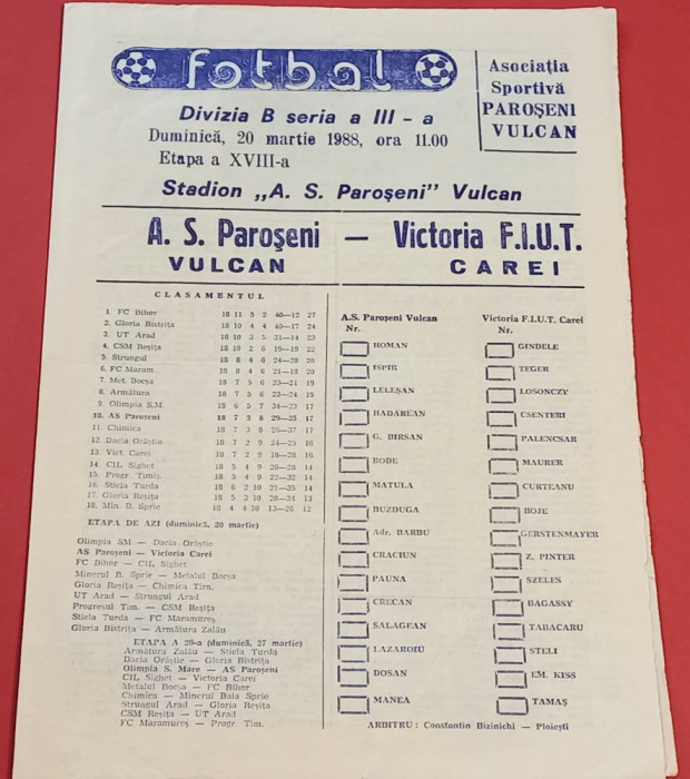 Program meci fotbal AS PAROSENI VULCAN - &quot;VICTORIA FIUT&quot; CAREI (20.03.1988)