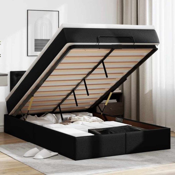 vidaXL Pat otoman cu saltele și LEDs, negru 120x190cm, piele ecologică 3312142