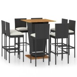 VidaXL Set mobilier bar de grădină cu perne, 9 piese, negru, poliratan
