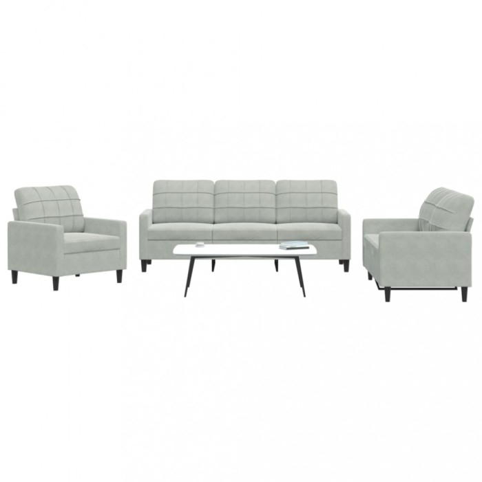 Gossi set de canapele cu perne, 3 piese, gri deschis, catifea