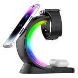 Incarcator Wireless 3 in 1 cu Lumini RGB VENTLEX, Tip statie de Incarcare Telefon, Ceas si casti, Fast Charge 15W, Magsafe, Negru