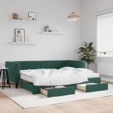 vidaXL Pat de zi cu extensie și sertare verde &icirc;nchis 90x200 cm catifea