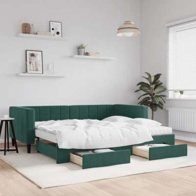 vidaXL Pat de zi cu extensie și sertare verde &amp;icirc;nchis 90x200 cm catifea 3196765 foto