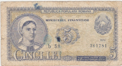 ROMANIA RPR 5 LEI 1952 uzata foto