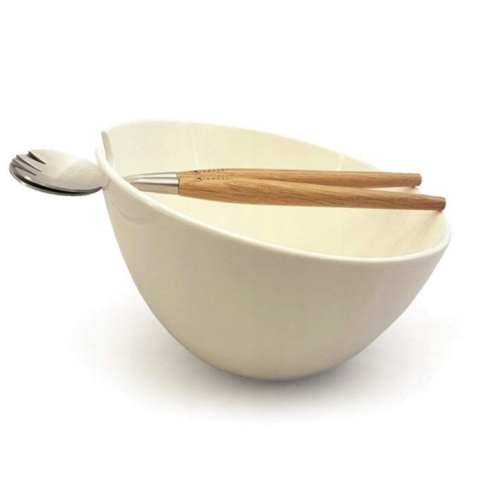 Bol pentru salata cu ustensile alb si lemn, Kassel