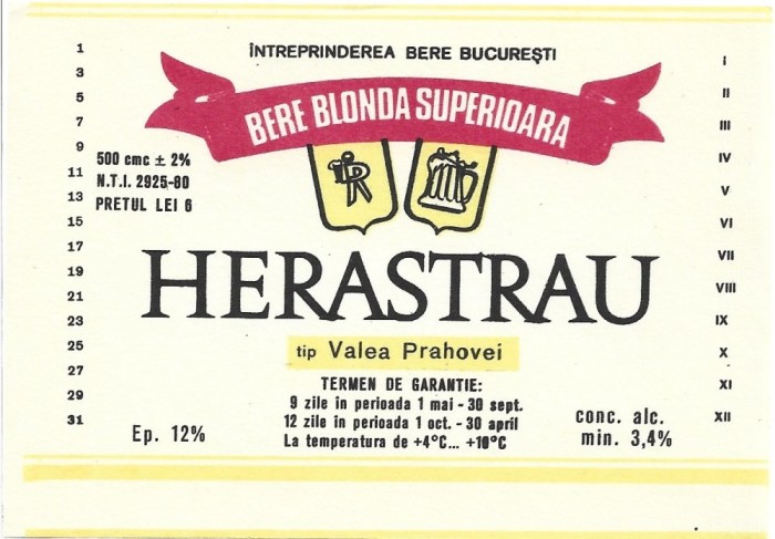NI481 Etichetă bere superioară Herăstrău, tip Valea Prahovei, &Icirc;ntreprinderea Bere București