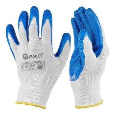 Manusi de protectie din poliester si acoperite cu latex, marimea 8, alb / albastru, Geko G75047