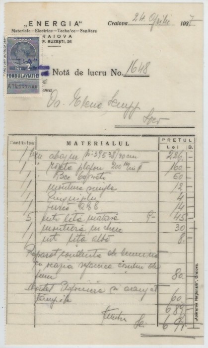 Romania, Energia, Materiale - Electrice - Technice - Sanitare, Nota de lucru (II), Craiova, 1937
