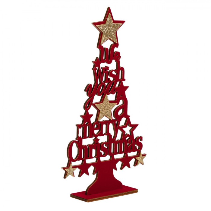 Decorațiune Crăciun, Model Brad, Mesaj &quot;We Wish You a Merry Christmas&quot;, Lemn Velvet, Roșu și Auriu, 29.5cm