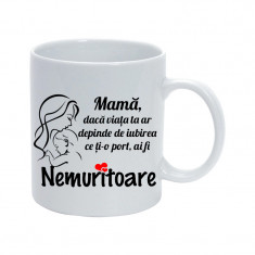 Cana personalizata “Mama nemuritoare”, ceramica alba, 325 ml