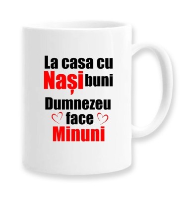Cana alba personalizata &amp;quot;La casa cu Nasi buni, Dumnezeu face minuni&amp;quot;, INOVATIX&amp;reg;. 330ml foto