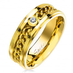 Inel din oțel inoxidabil auriu cu lanț și zirconiu transparent, 7 mm - Marime inel: 49
