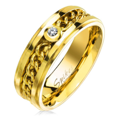 Inel din oțel inoxidabil auriu cu lanț și zirconiu transparent, 7 mm - Marime inel: 52 foto
