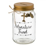 Pusculiță Sticlă Adventure Fund, Capac Metalic, 8x14cm, Decor Avion Cameră Glob, Oem