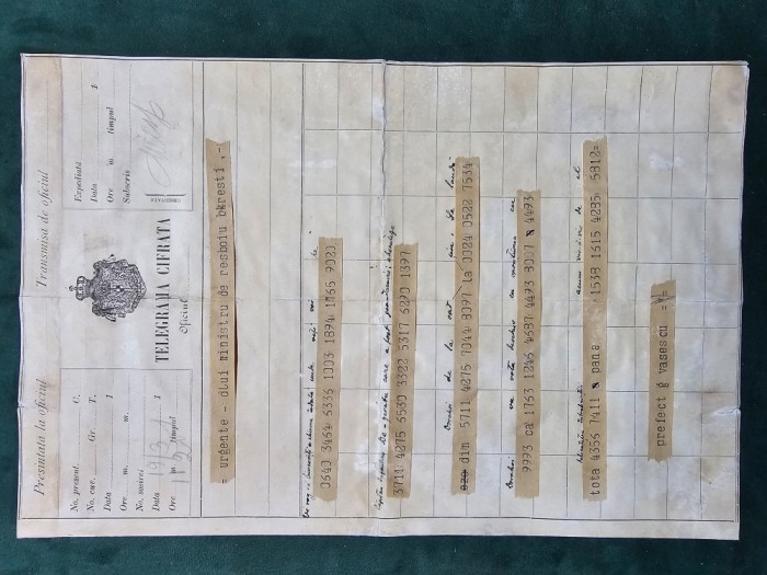 Telegrama cifrata , an cca 1910, trimisa prefect Dorohoi catre ministru razboi
