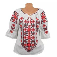 Bluza Tip Ie Traditionala Alba cu Motiv Geometric Rosu de Dama - IMS161