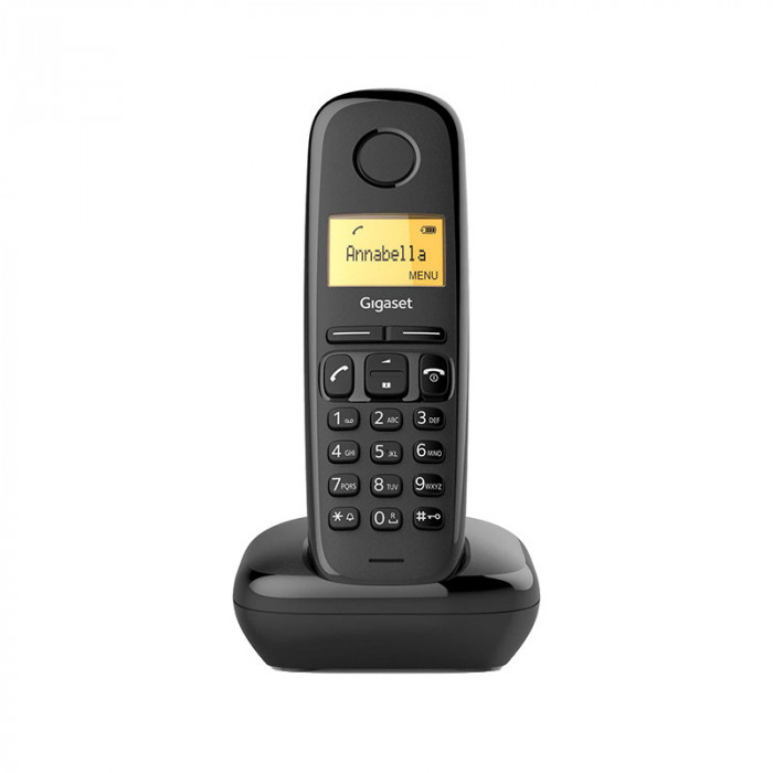 Telefon fara fir Dect Gigaset, 10 tonuri apel, volum reglabil, autonomie 18 h, functia alarma, Negru