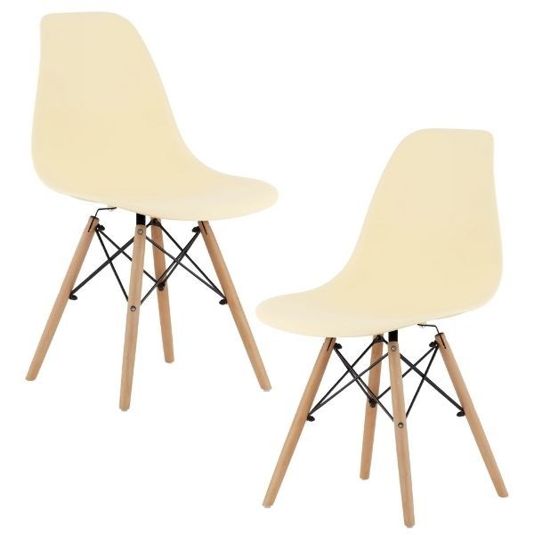Set 2 buc, Scaune Stil Scandinav cu Picioare din Lemn de Fag, Sezut PP, 46 x 54 x 81 cm, Crem