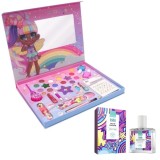 Cumpara ieftin Set cadou creativ pentru copii , trusa de machiaj, bijuterii si parfum fructat, 3+, paleta colorata cu farduri, rujuri, lacuri de unghii, autocolante,