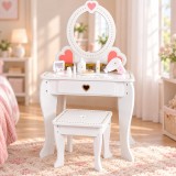 Cumpara ieftin Set masa de toaleta pentru fetite, oglinda si scaun din lemn, 5 accesorii coafura si machiaj
