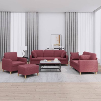 Set canapea cu perne, 4 piese, roșu vin, material textil foto