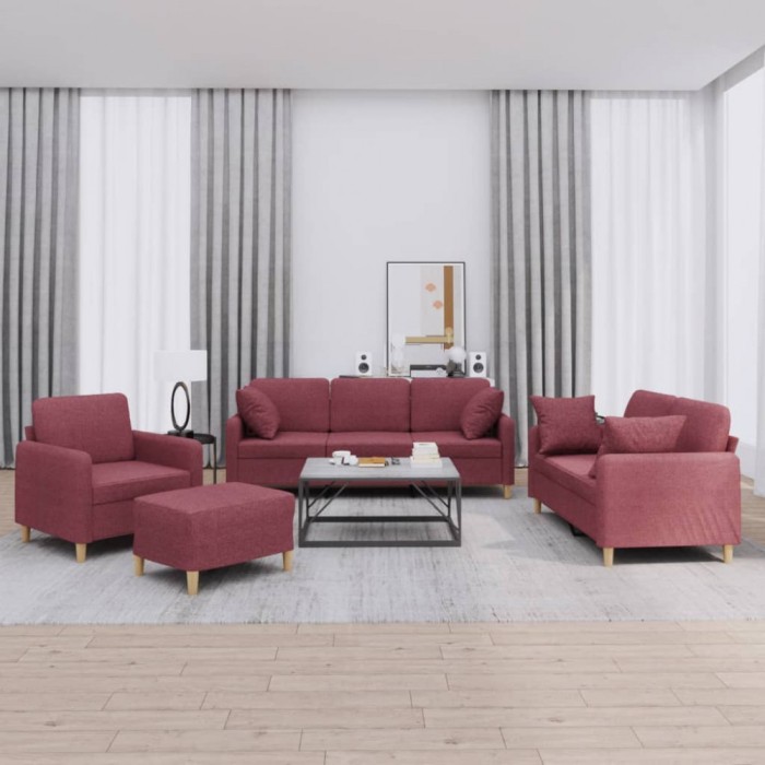 Set canapea cu perne, 4 piese, roșu vin, material textil