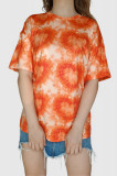 Tricou oversized de dama cu maneca scurta, aspect satinat si imprimeu tie-dye, cu inimi, portocaliu, XS-L