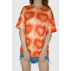 Tricou oversized de dama cu maneca scurta, aspect satinat si imprimeu tie-dye, cu inimi, portocaliu, XS-L
